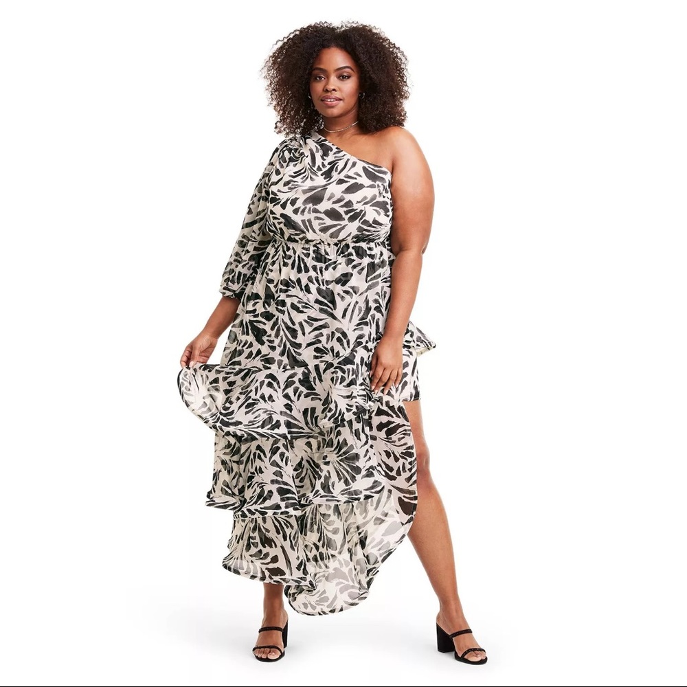 - Plus Size Botanical One Shoulder Ruffle Dress - Picture 2 of 6